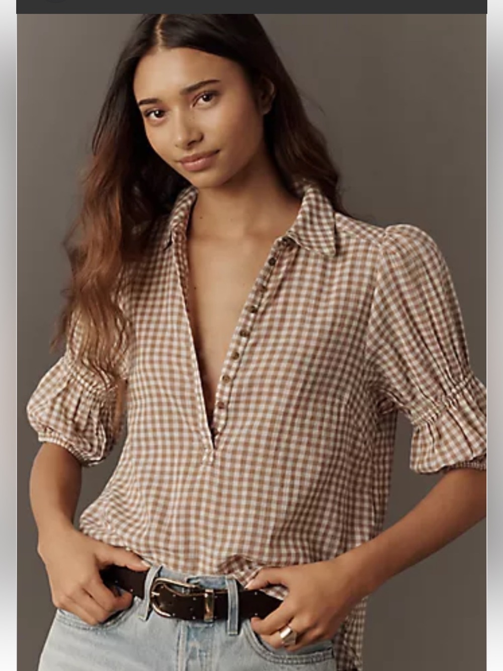 Anthropologie Pilcro Tallulah Puff Sleeve Buttondown Top Size Small Tan Cotton
